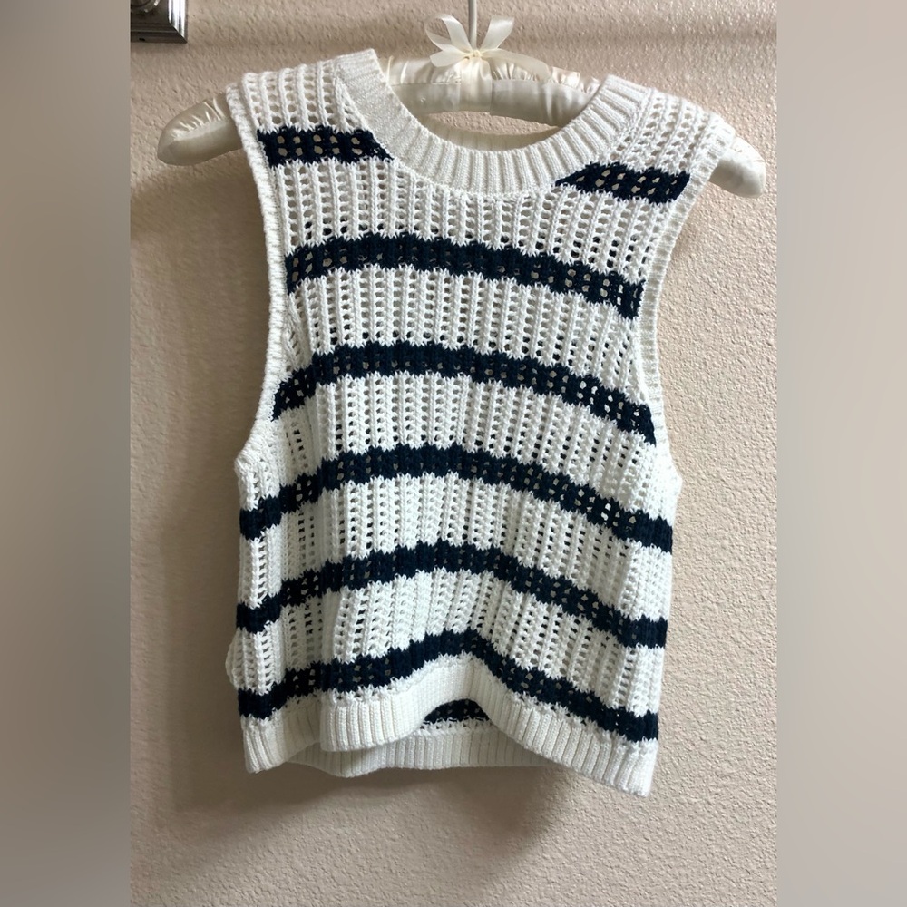 Hollister White Crochet Tank with Navy Stripes